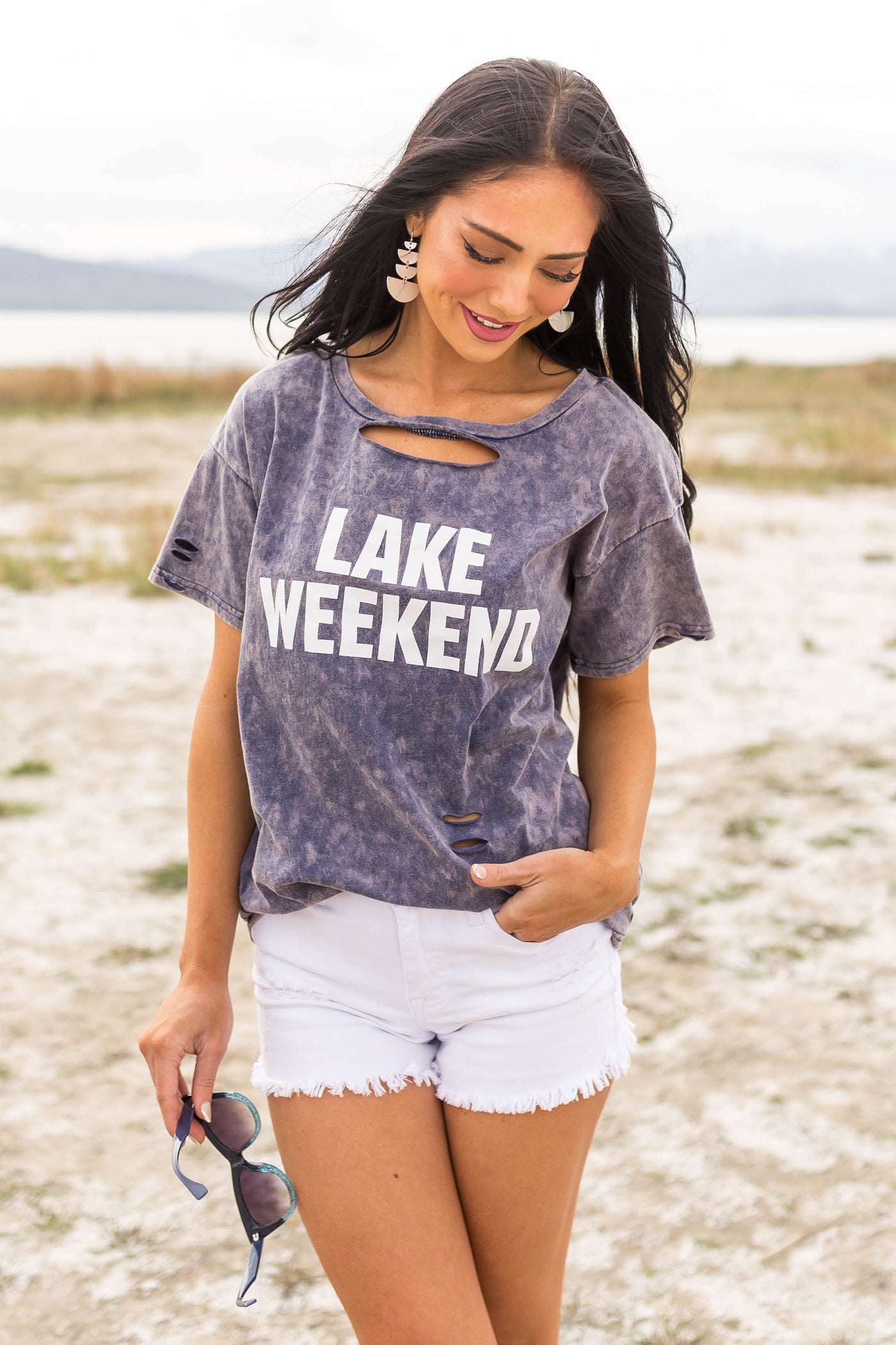 Dark Dusty Blue Washed 'Lake Weekend' Knit Top