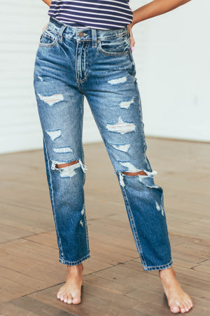 Dark Wash High Rise Mom Fit Heavy Torn Jeans