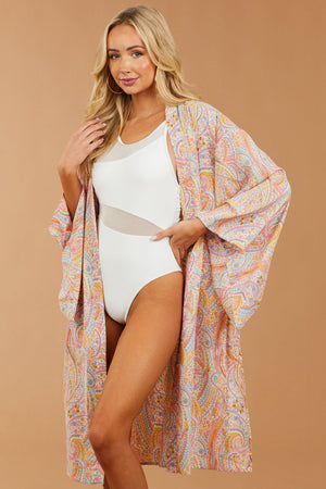 Deep Bubblegum Paisley Print Open Front Kimono