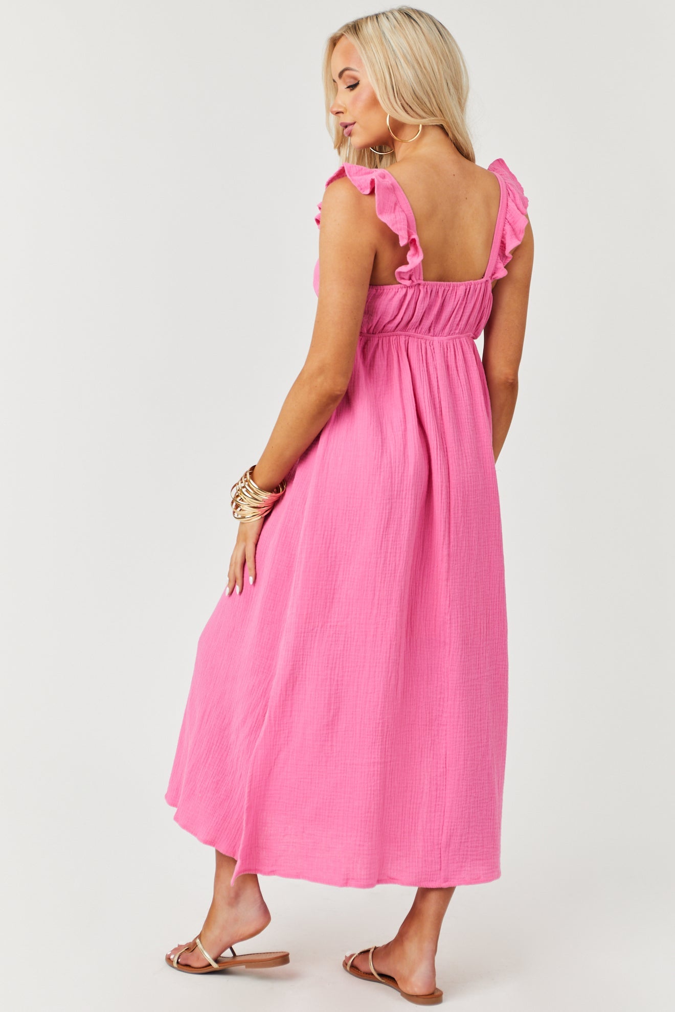 Deep Bubblegum Pink Flutter Sleeve Midi Dress