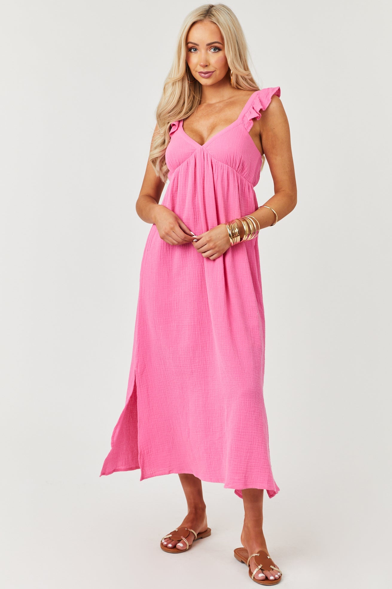 Deep Bubblegum Pink Flutter Sleeve Midi Dress
