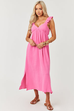 Deep Bubblegum Pink Flutter Sleeve Midi Dress