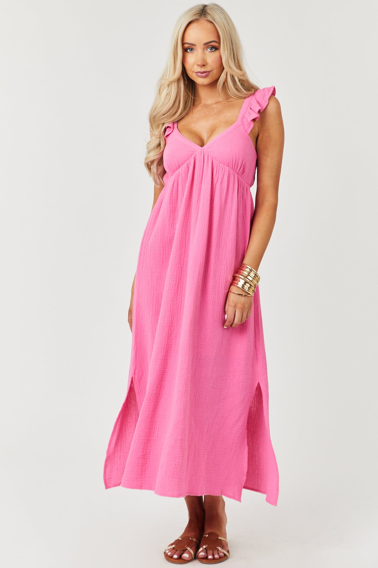 Deep Bubblegum Pink Flutter Sleeve Midi Dress
