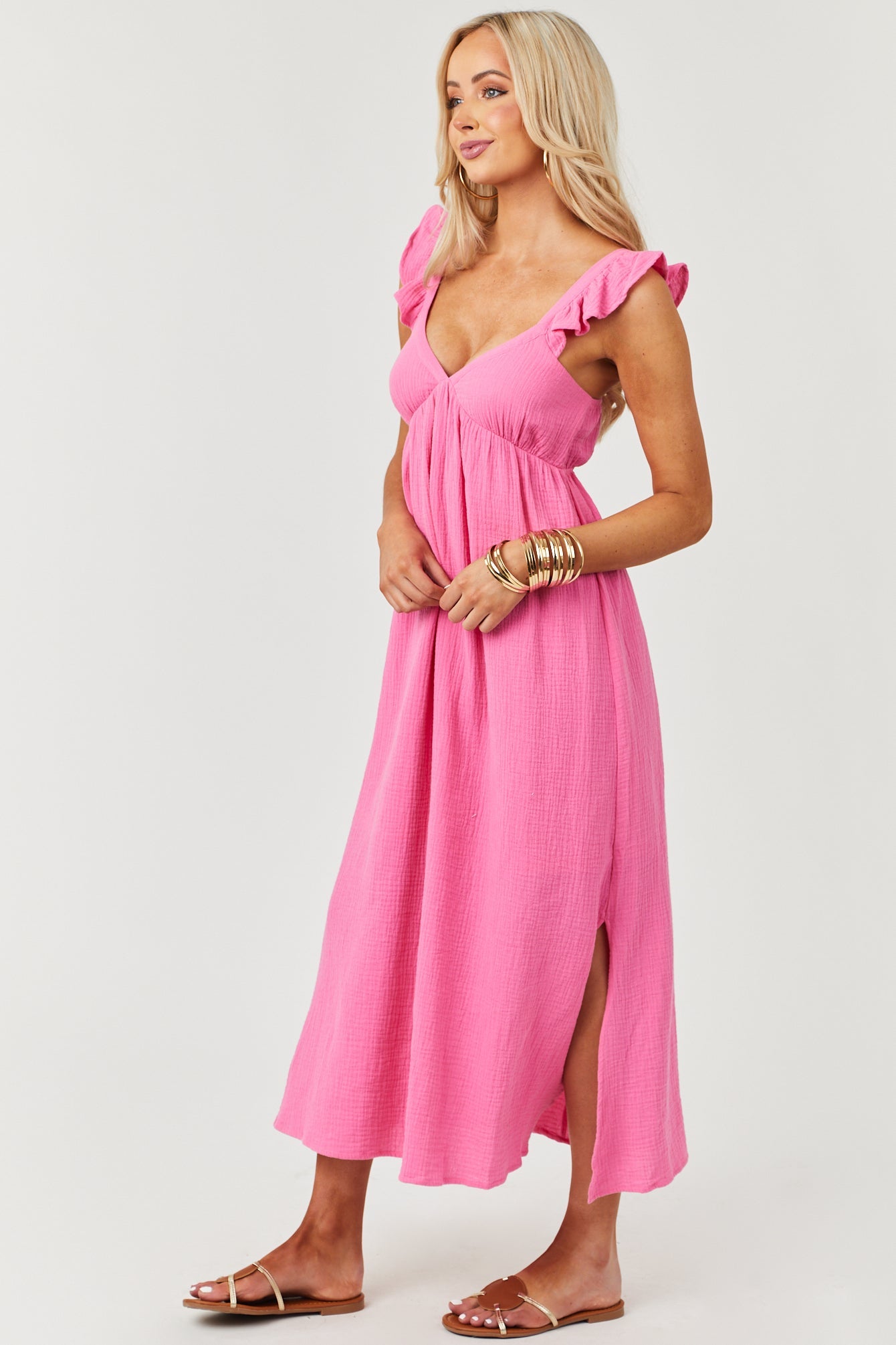 Deep Bubblegum Pink Flutter Sleeve Midi Dress