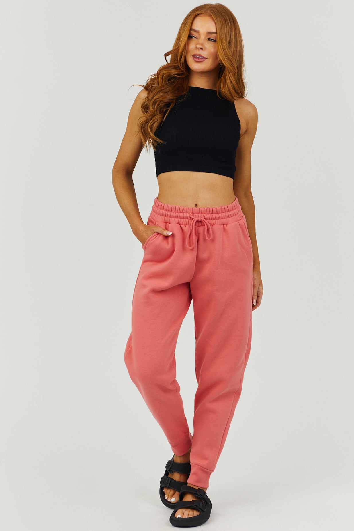 Deep Coral Drawstring Waist Knit Joggers