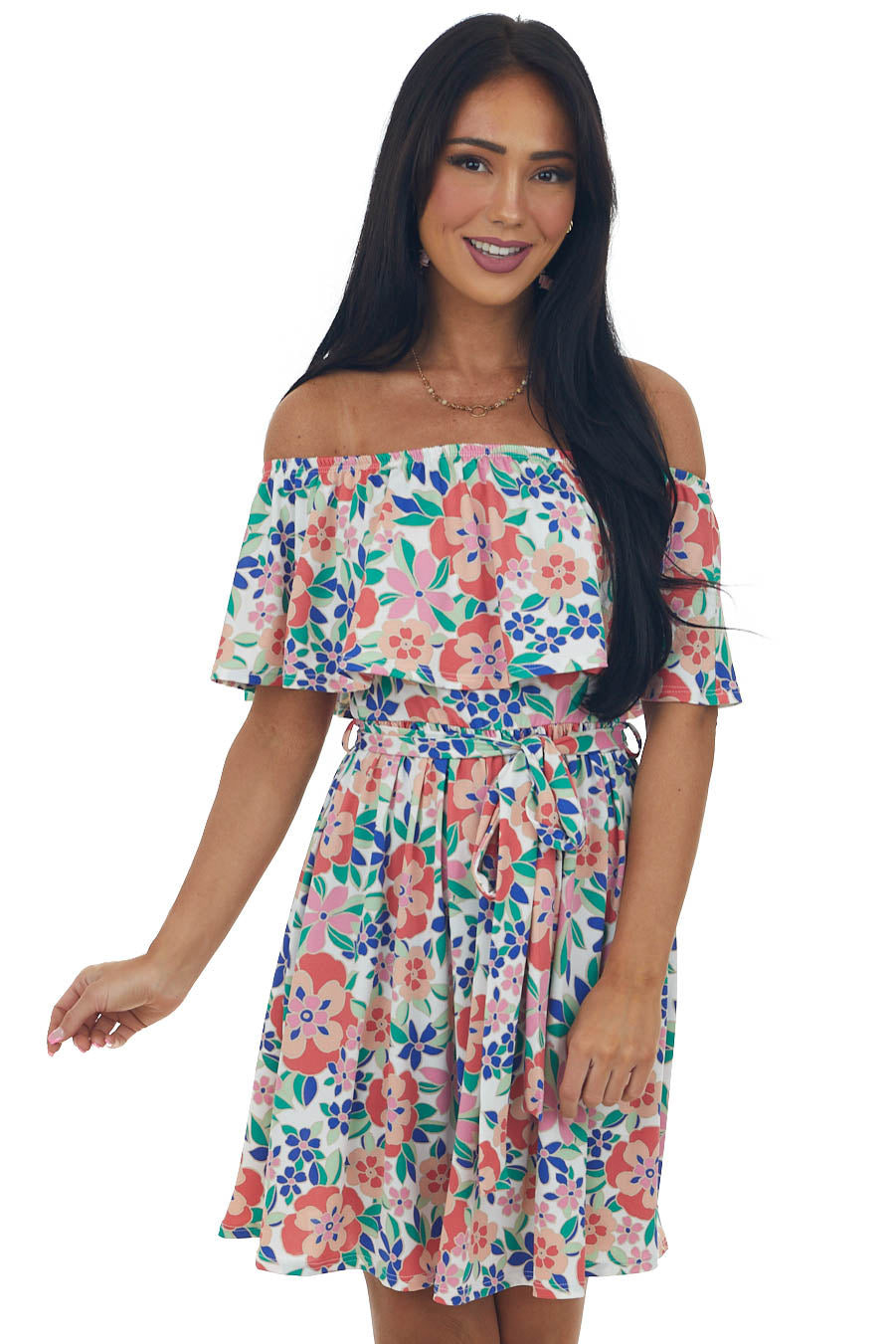 Deep Coral Floral Print Off Shoulder Short Dress