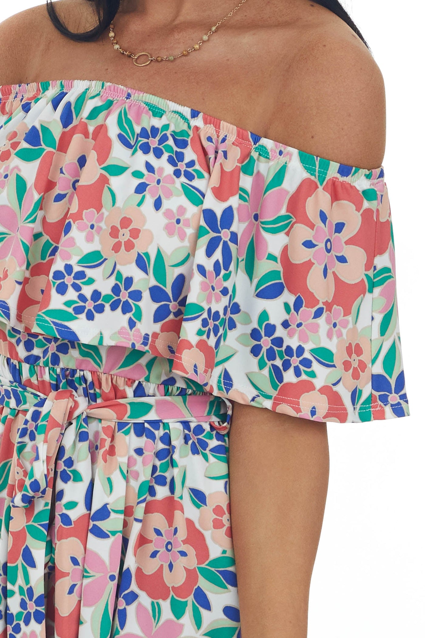 Deep Coral Floral Print Off Shoulder Short Dress