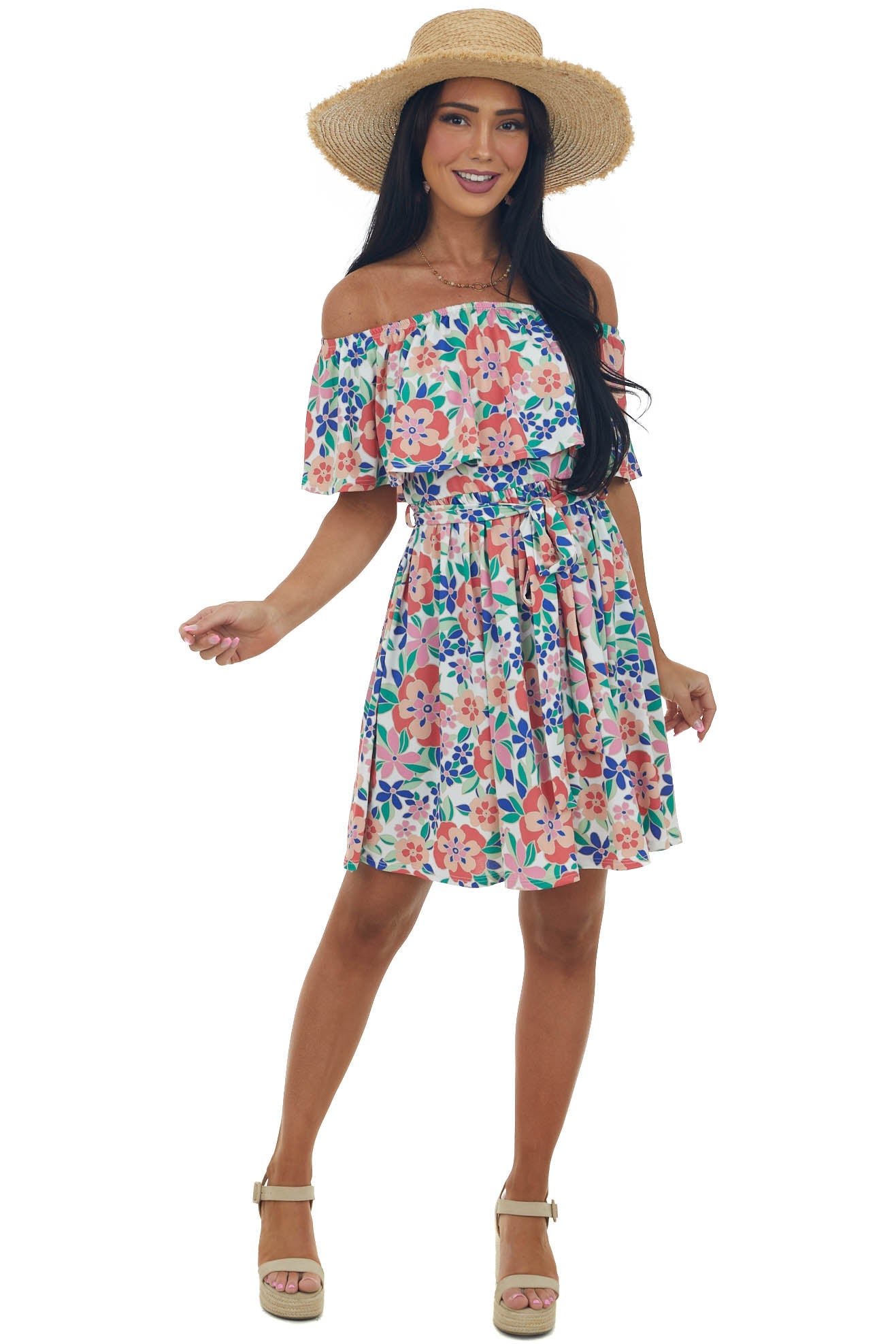 Deep Coral Floral Print Off Shoulder Short Dress