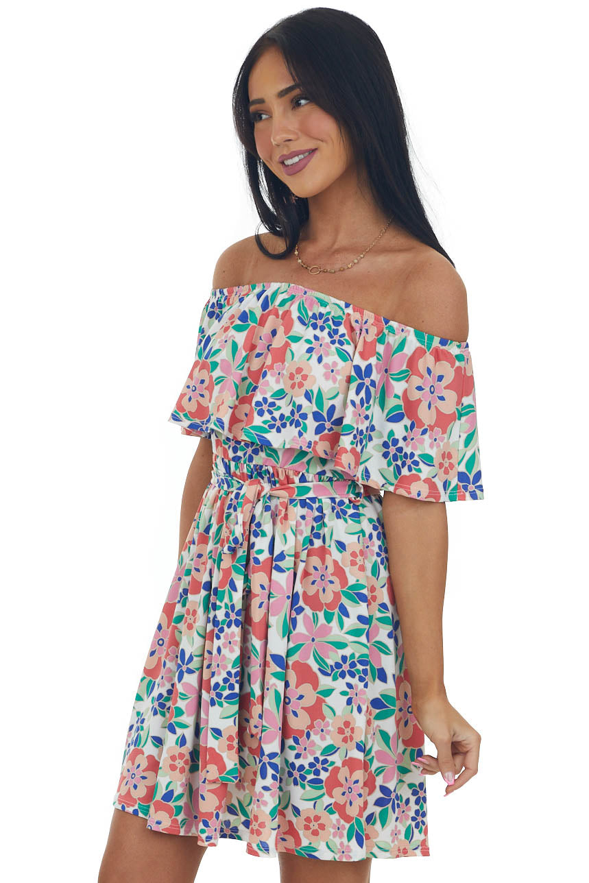 Deep Coral Floral Print Off Shoulder Short Dress