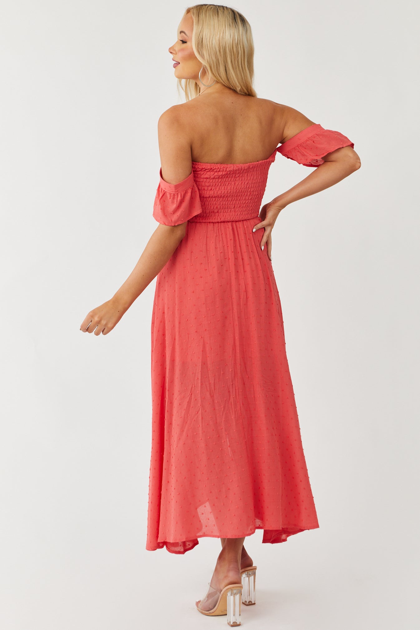 Deep Coral Off Shoulder Swiss Dot Midi Dress