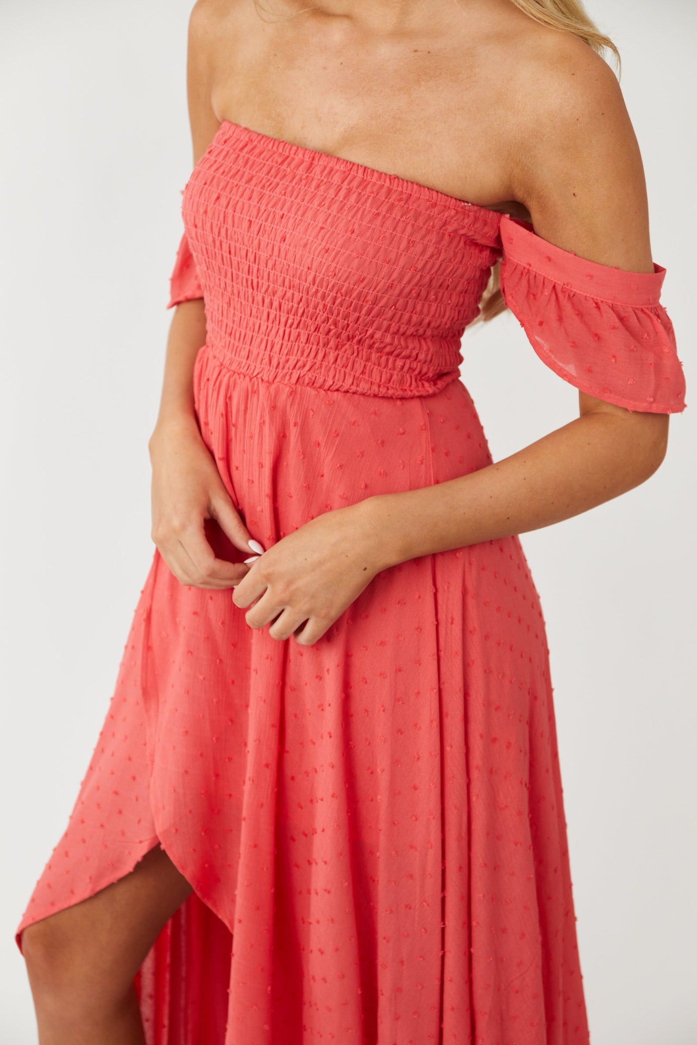 Deep Coral Off Shoulder Swiss Dot Midi Dress