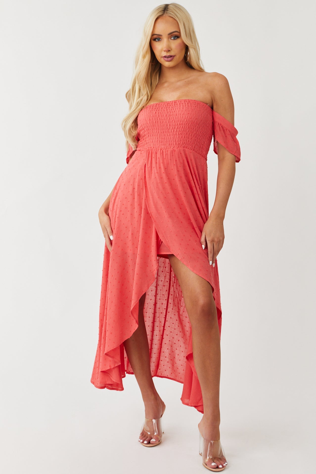 Deep Coral Off Shoulder Swiss Dot Midi Dress