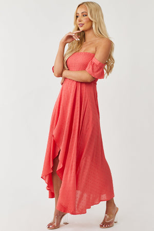 Deep Coral Off Shoulder Swiss Dot Midi Dress