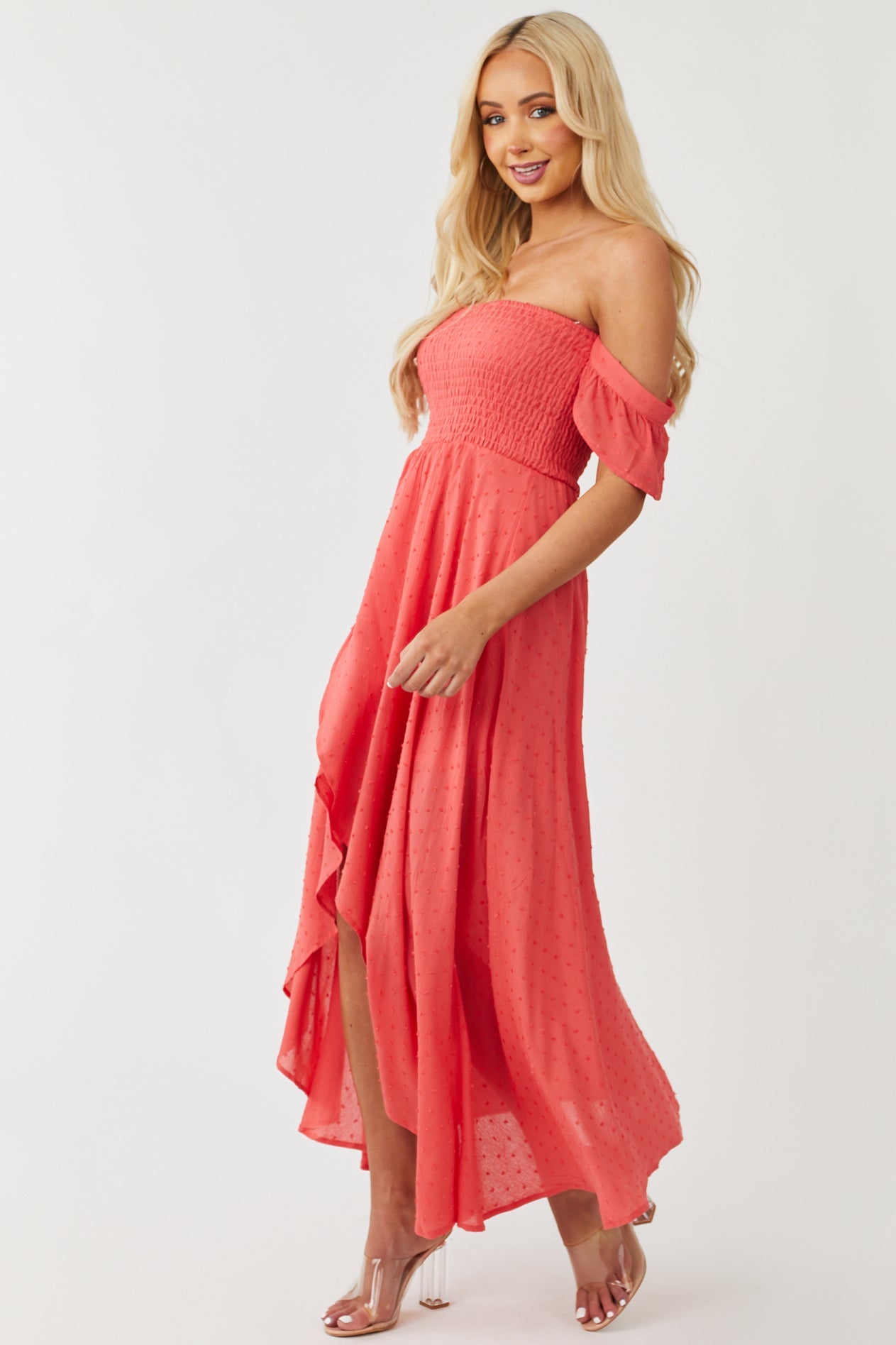 Deep Coral Off Shoulder Swiss Dot Midi Dress