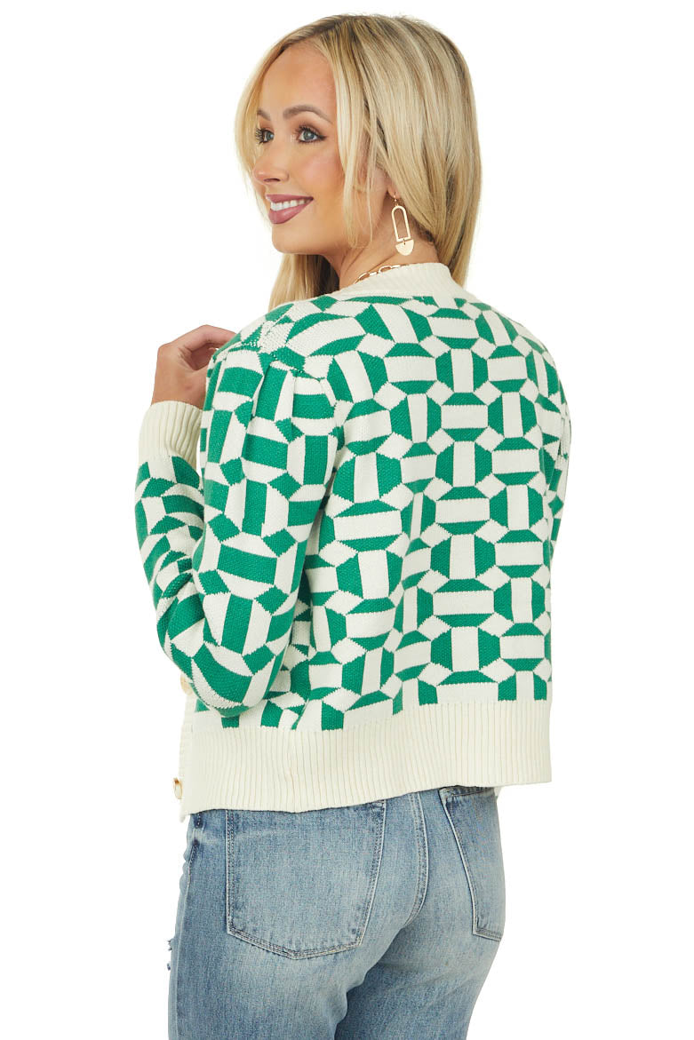 Deep Jade Abstract Print Button Up Knit Cardigan
