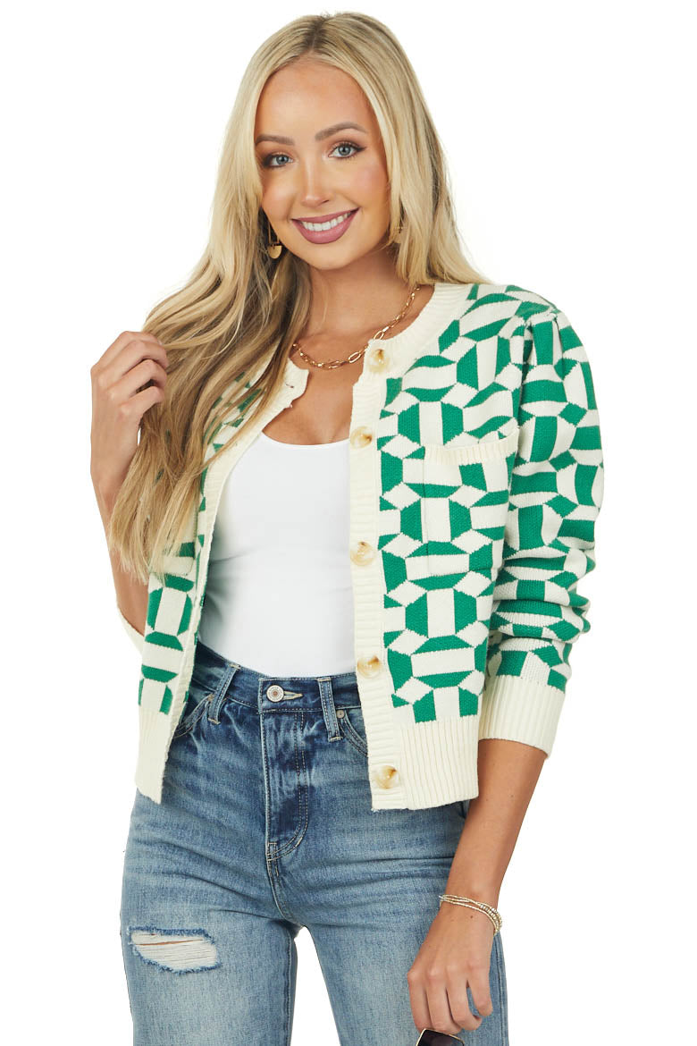 Deep Jade Abstract Print Button Up Knit Cardigan