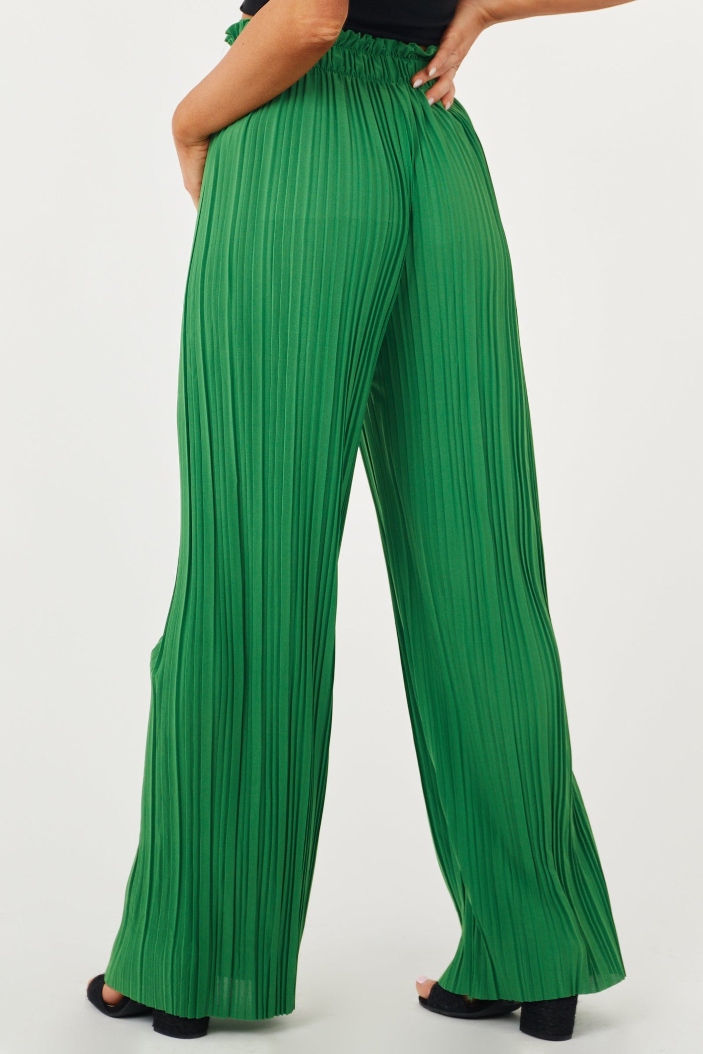Deep Jade Pleated Wide Leg Waist Tie Pants