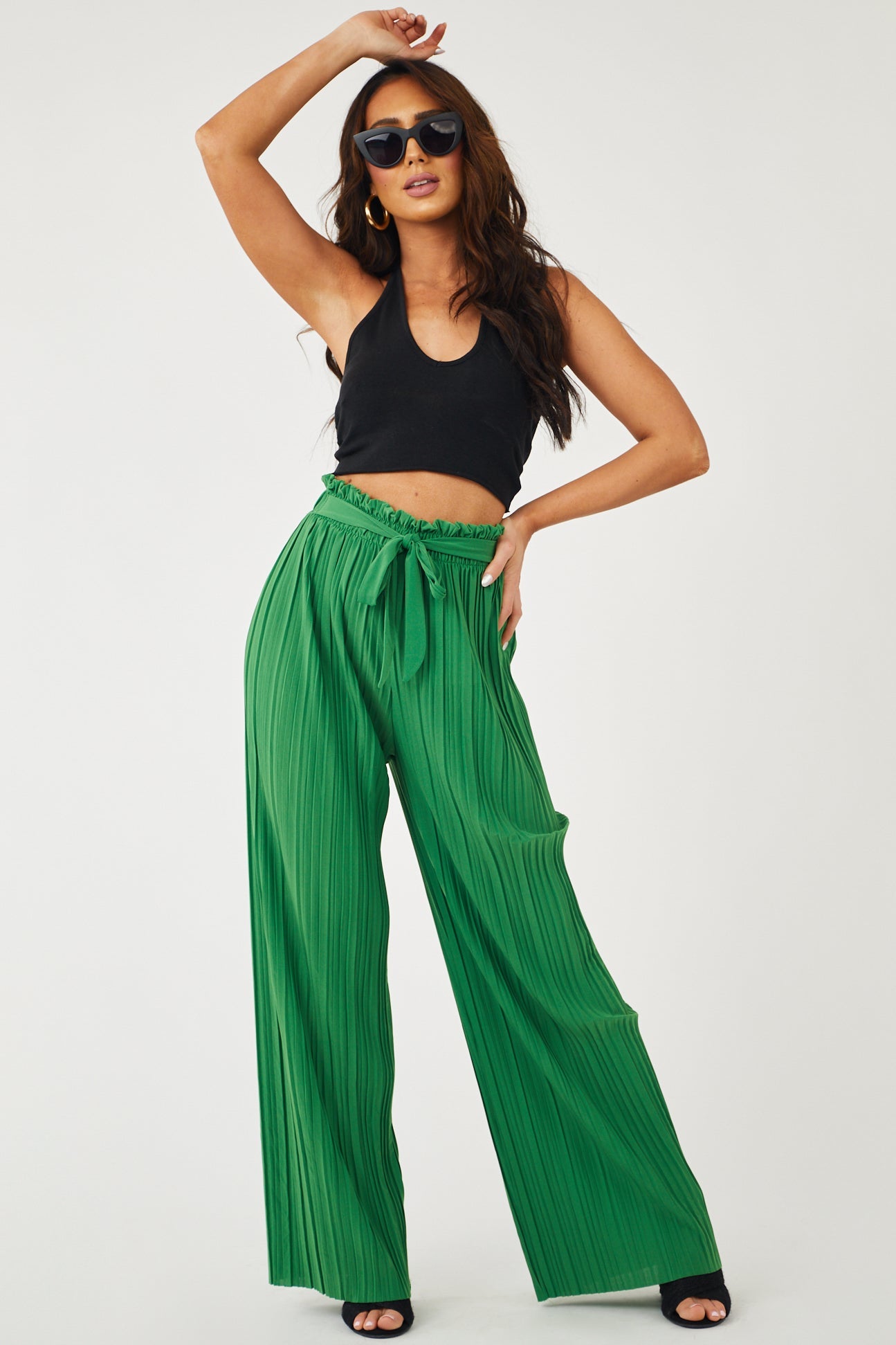 Deep Jade Pleated Wide Leg Waist Tie Pants