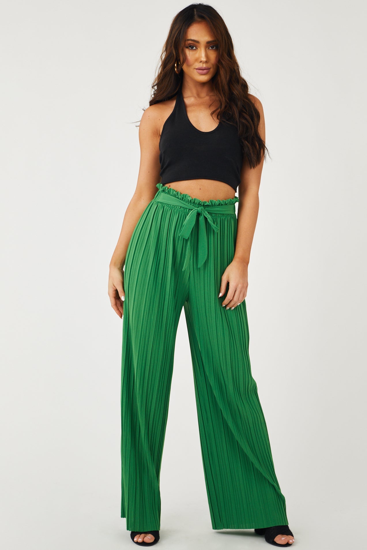Deep Jade Pleated Wide Leg Waist Tie Pants