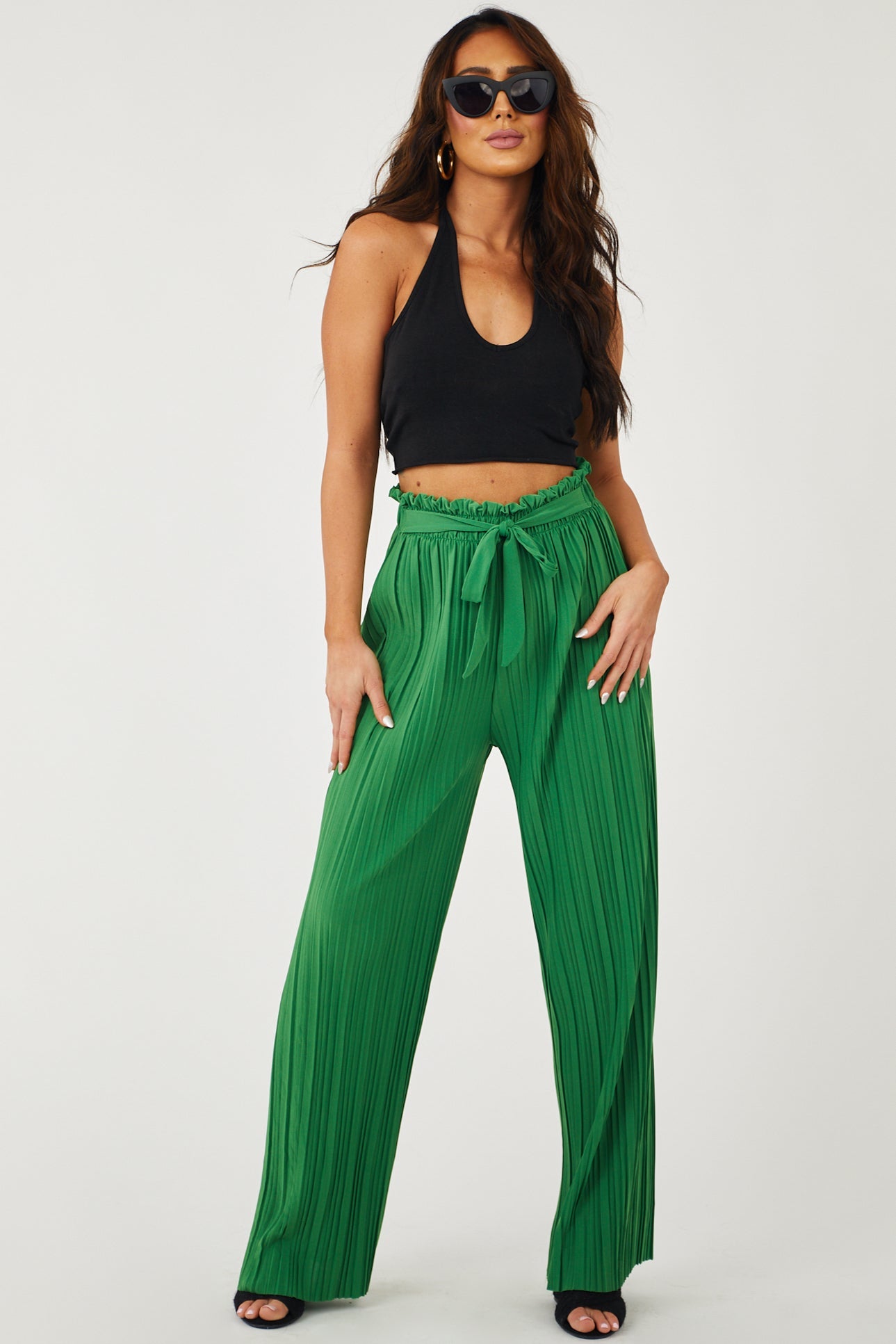 Deep Jade Pleated Wide Leg Waist Tie Pants