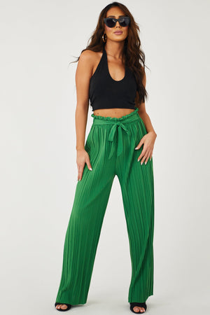 Deep Jade Pleated Wide Leg Waist Tie Pants