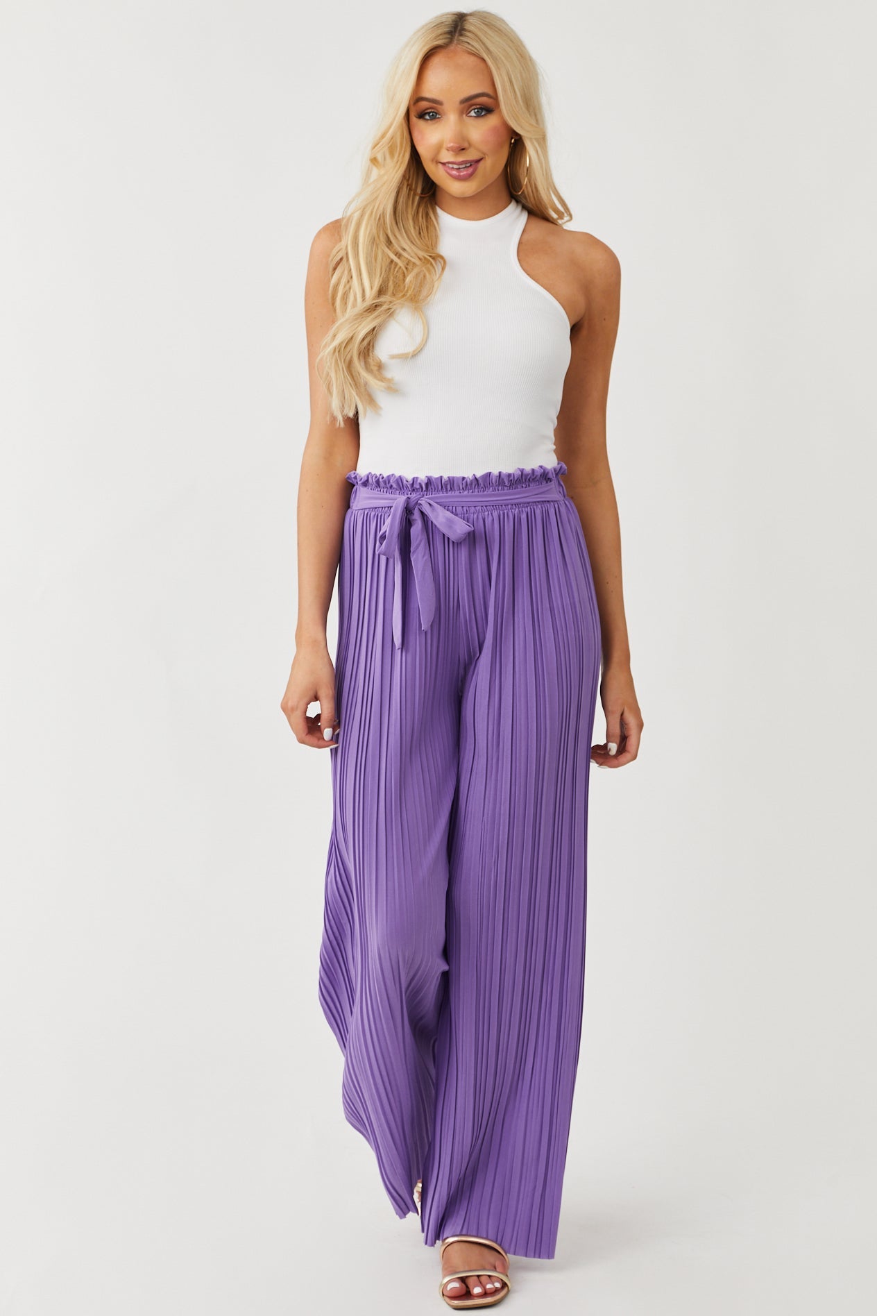 Deep Lavender Pleated Wide Leg Waist Tie Pants