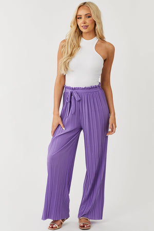 Deep Lavender Pleated Wide Leg Waist Tie Pants
