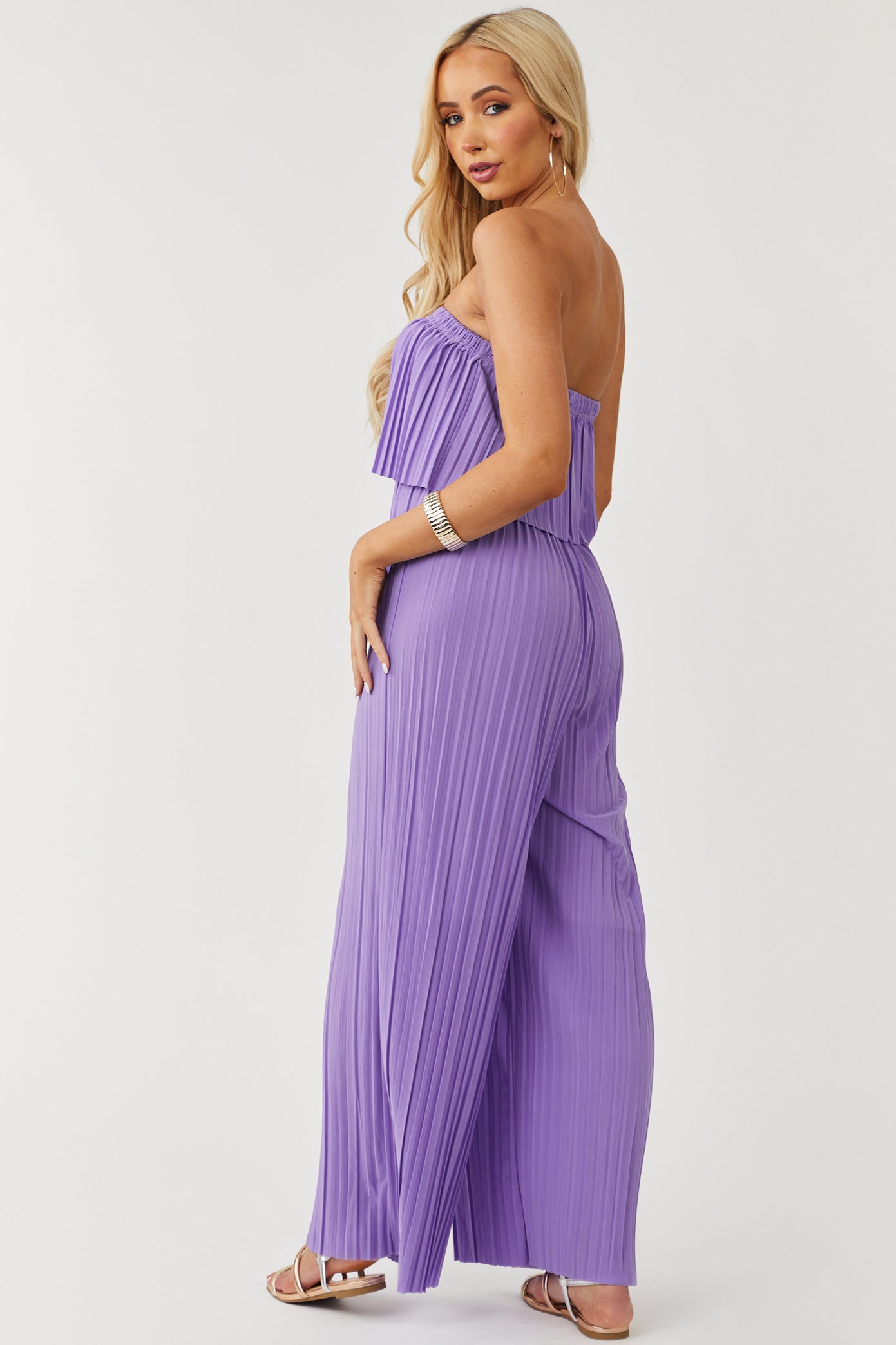 Deep Lavender Strapless Pleated Wide Leg Jumpsuit