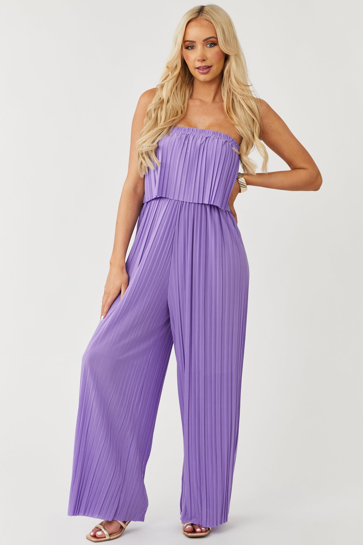 Deep Lavender Strapless Pleated Wide Leg Jumpsuit