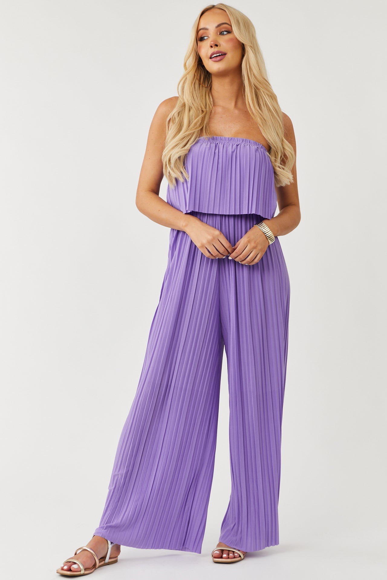 Deep Lavender Strapless Pleated Wide Leg Jumpsuit