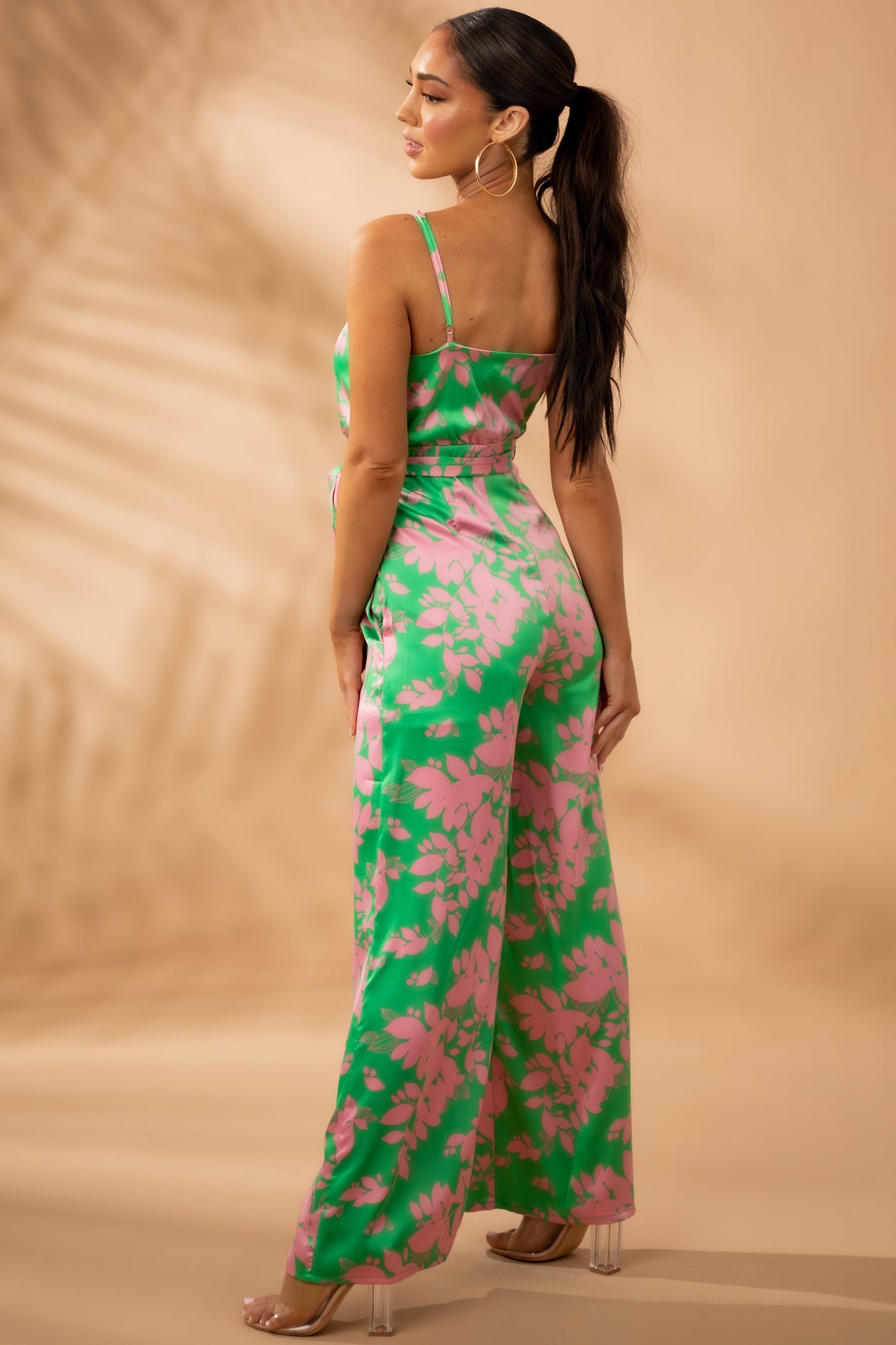 Deep Lime Floral Print Surplice Satin Jumpsuit