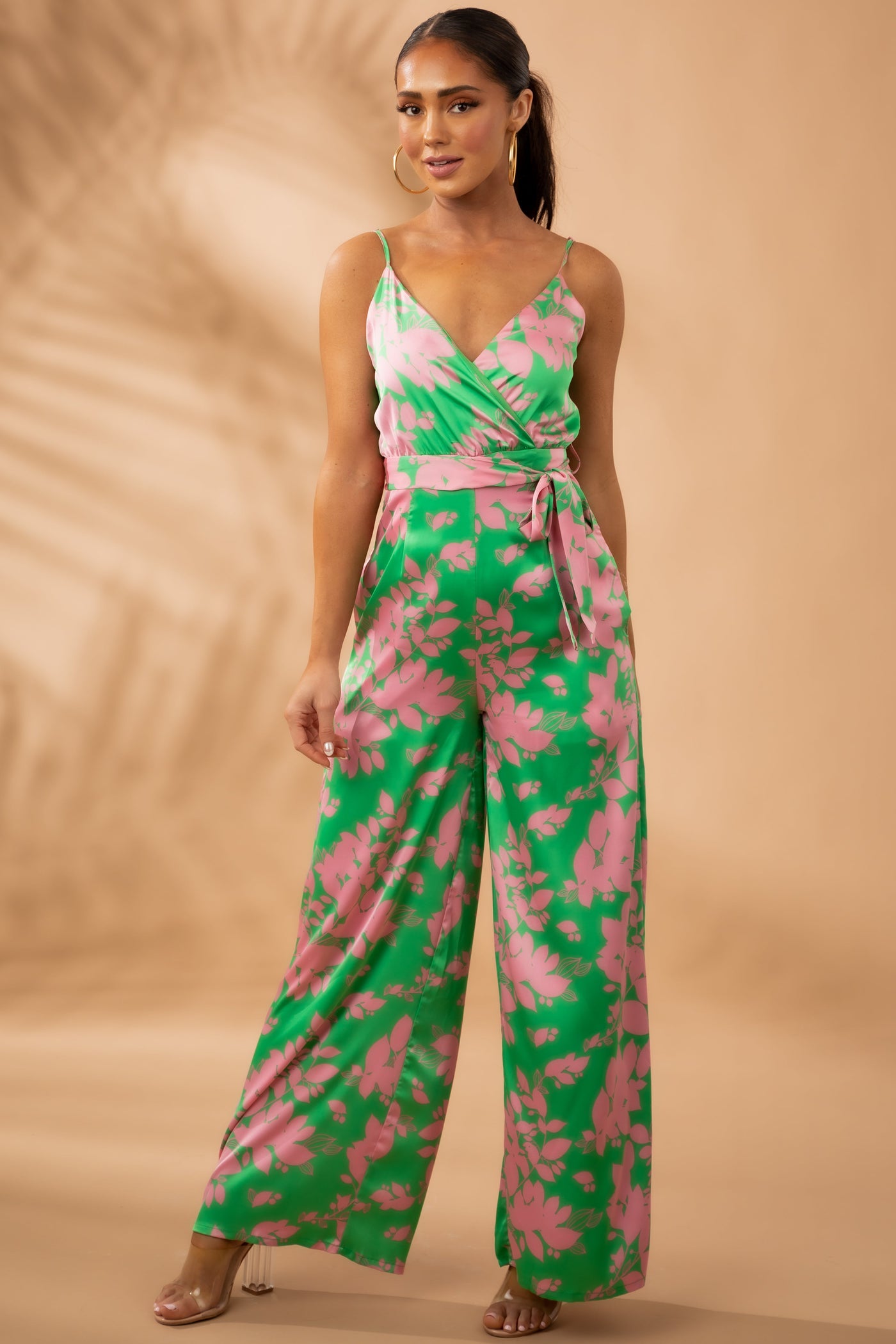 Deep Lime Floral Print Surplice Satin Jumpsuit