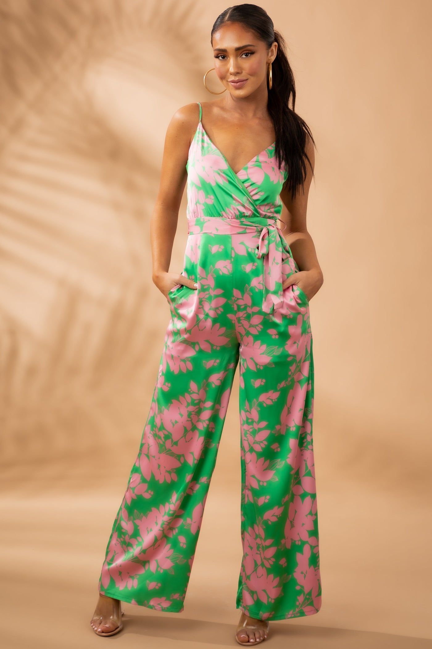 Deep Lime Floral Print Surplice Satin Jumpsuit