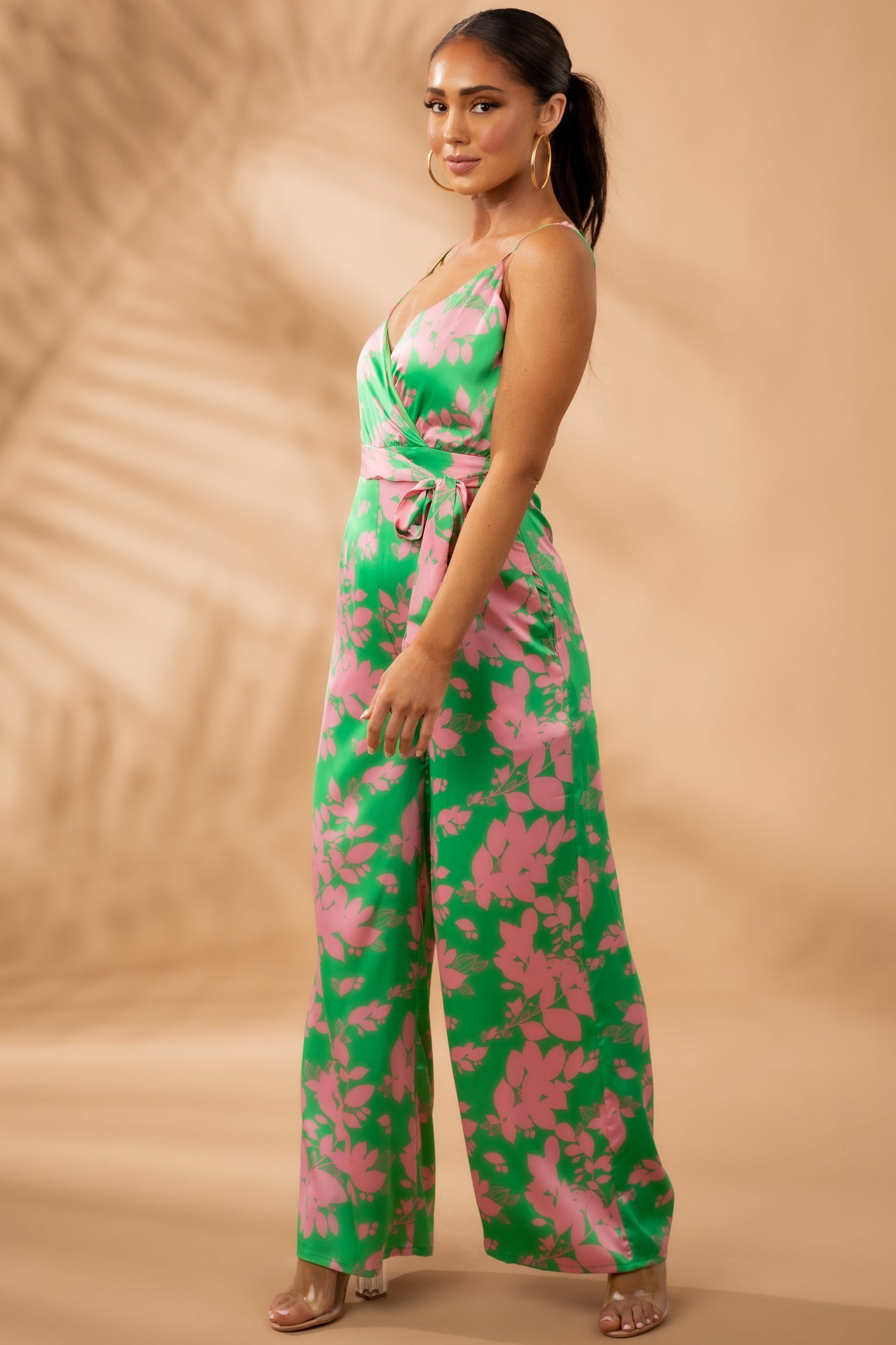 Deep Lime Floral Print Surplice Satin Jumpsuit