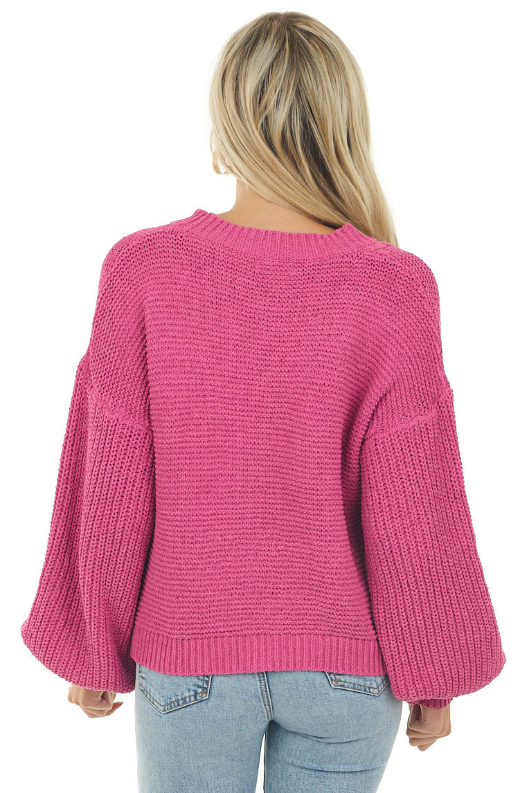 Deep Magenta Long Bubble Sleeve Cable Knit Sweater