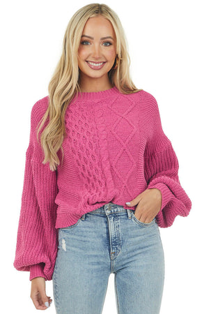 Deep Magenta Long Bubble Sleeve Cable Knit Sweater