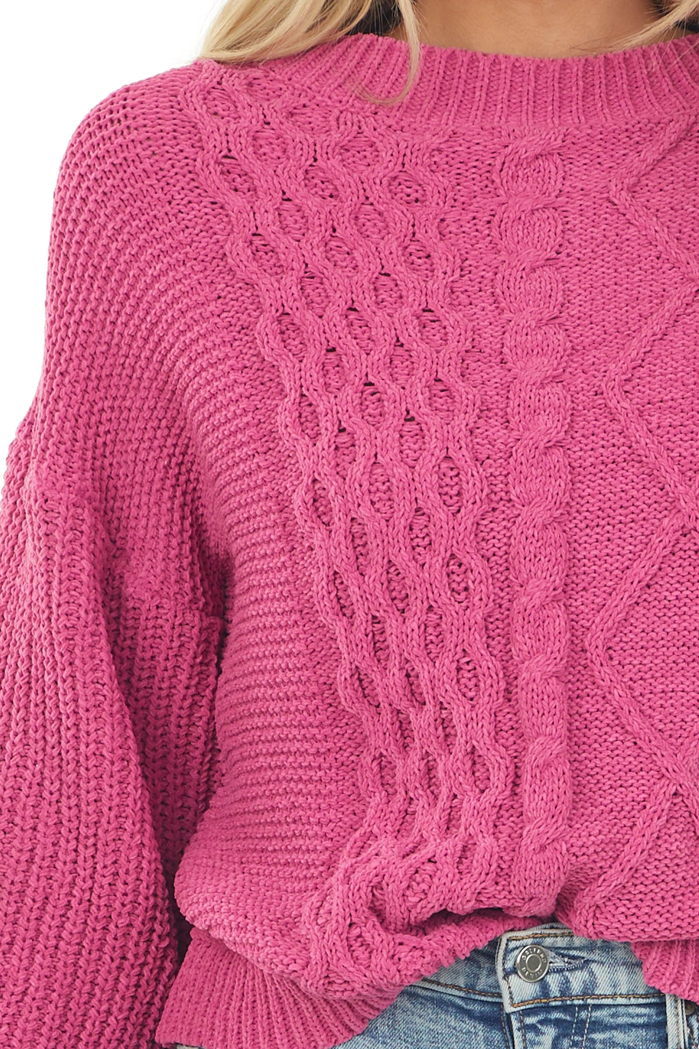 Deep Magenta Long Bubble Sleeve Cable Knit Sweater