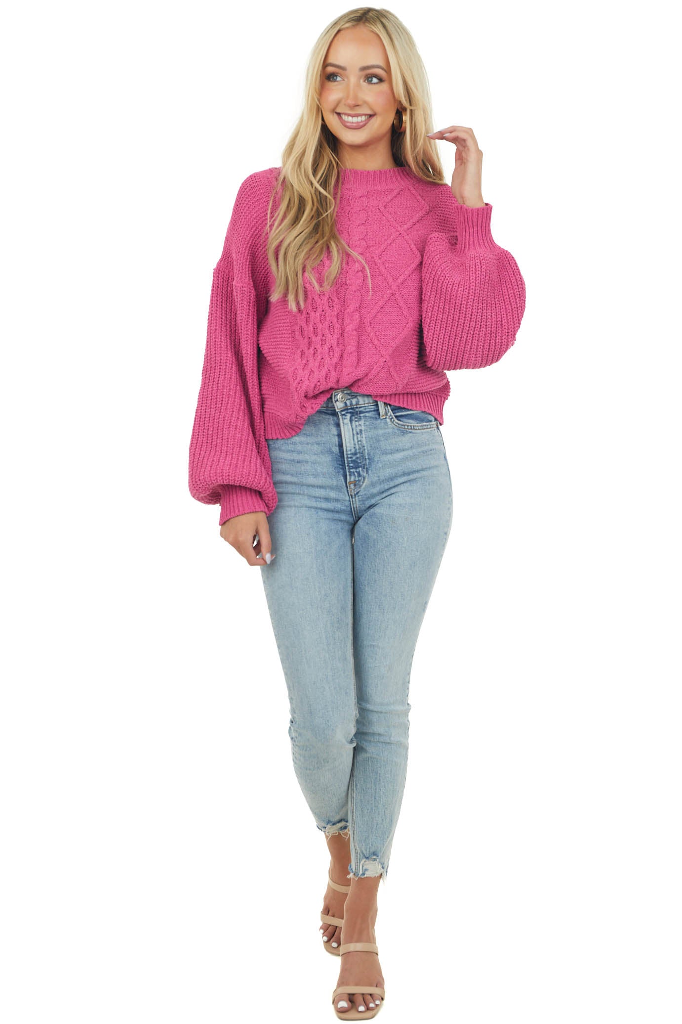 Deep Magenta Long Bubble Sleeve Cable Knit Sweater