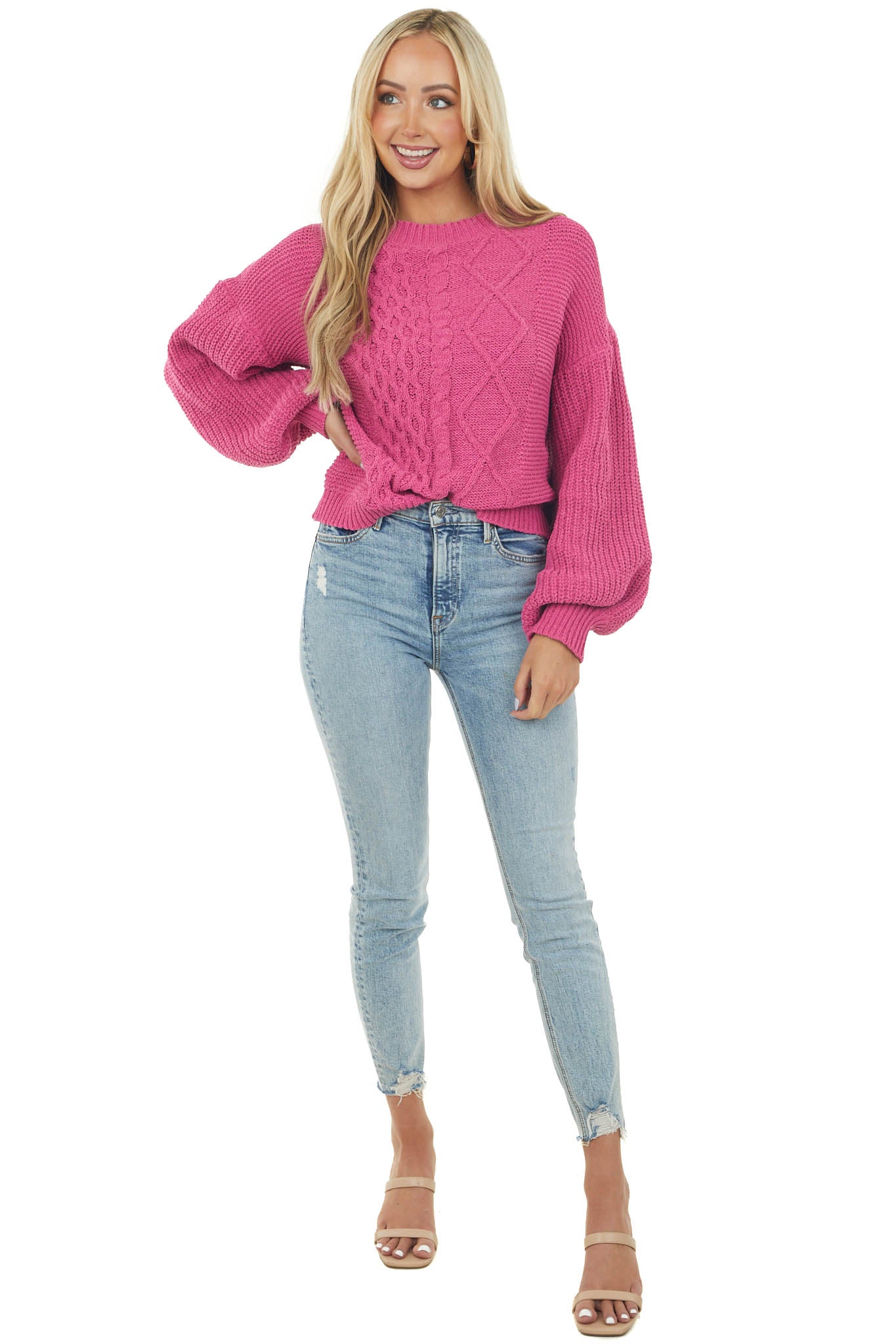 Deep Magenta Long Bubble Sleeve Cable Knit Sweater