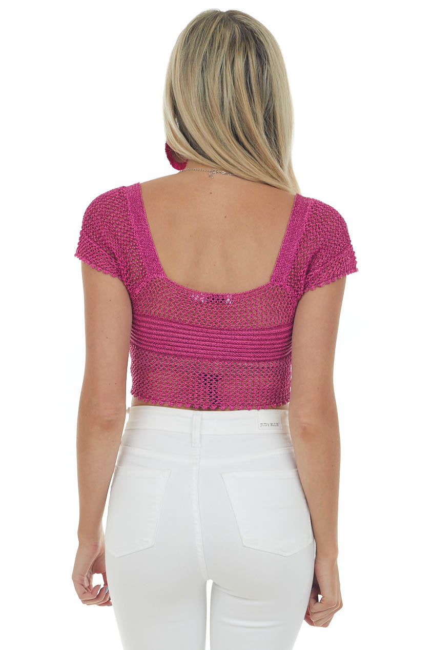 Deep Magenta Metallic Threaded Crochet Knit Top