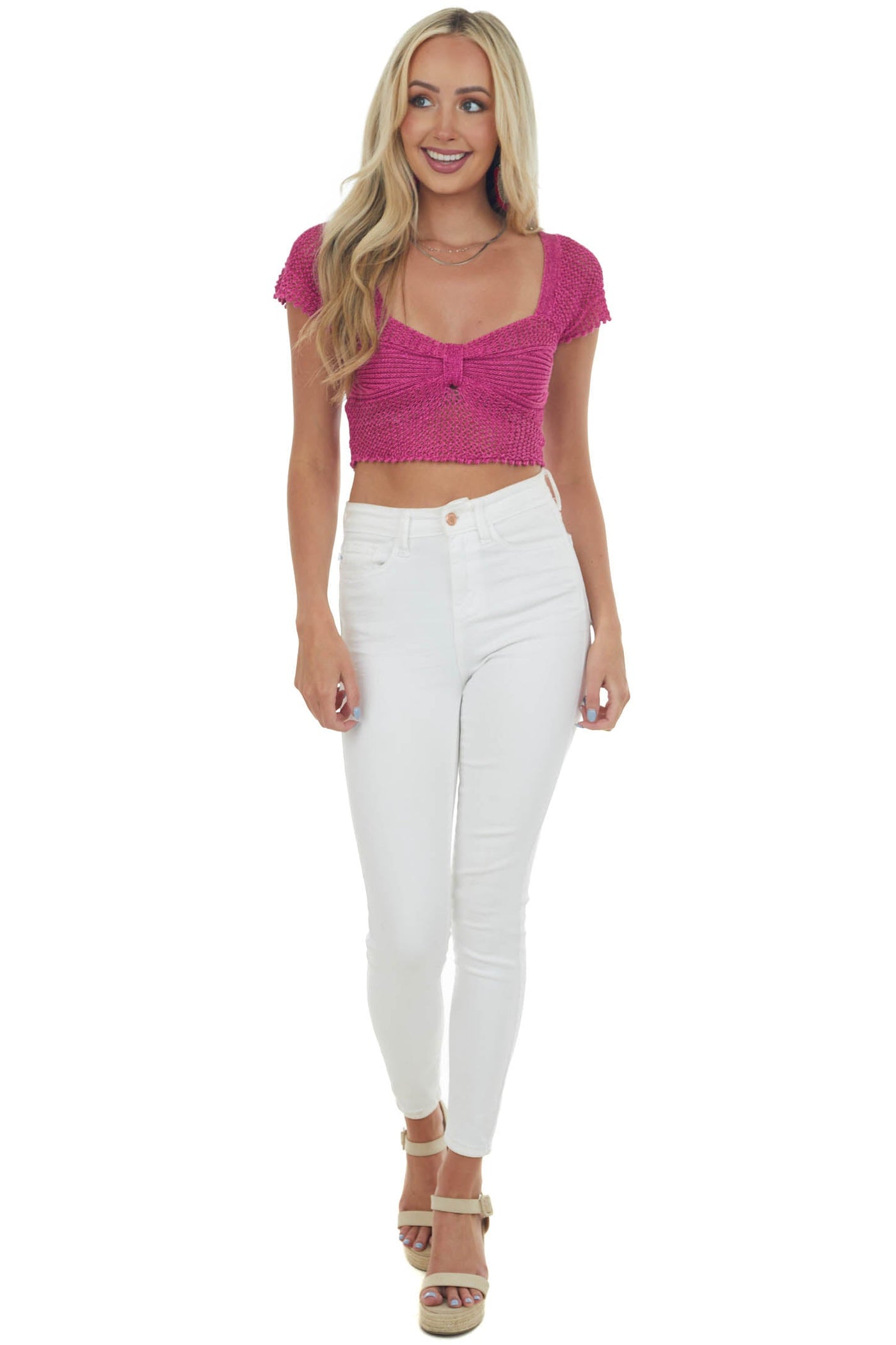 Deep Magenta Metallic Threaded Crochet Knit Top