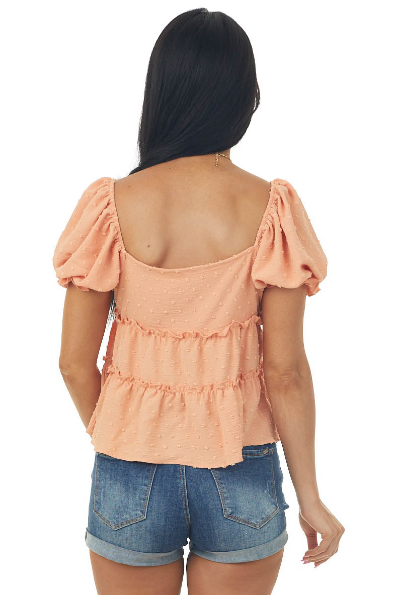Deep Melon Ruffle Tiered Swiss Dot Blouse