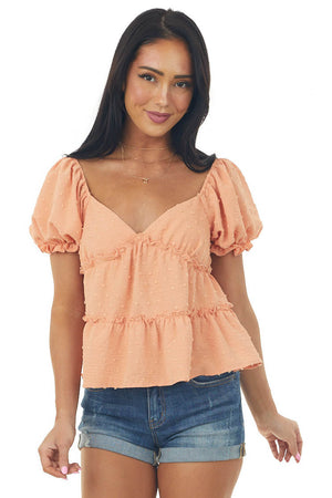 Deep Melon Ruffle Tiered Swiss Dot Blouse