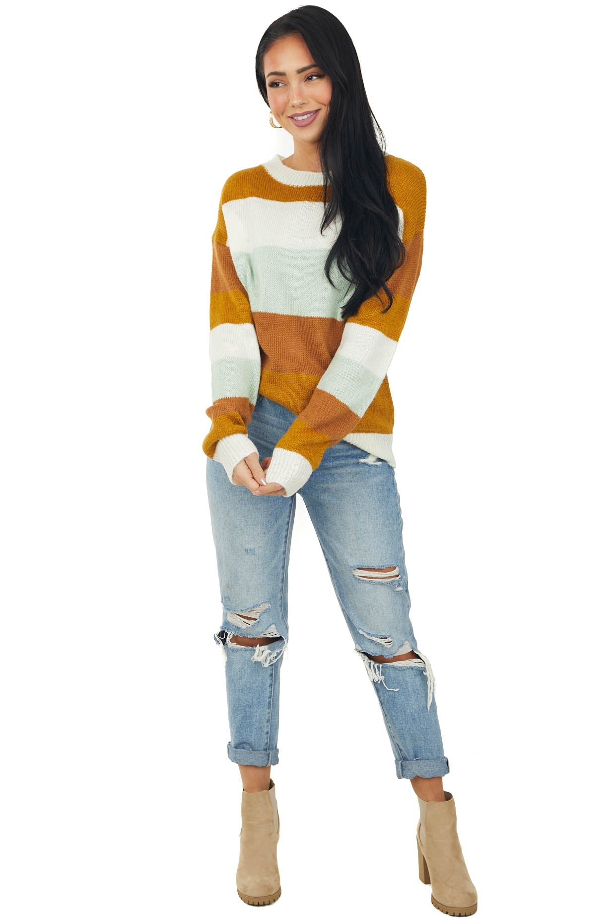 Deep Mustard Striped Drop Shoulder Sweater