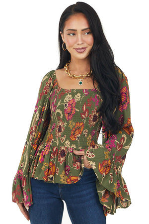 Deep Olive Floral Print Smocked Long Sleeve Top