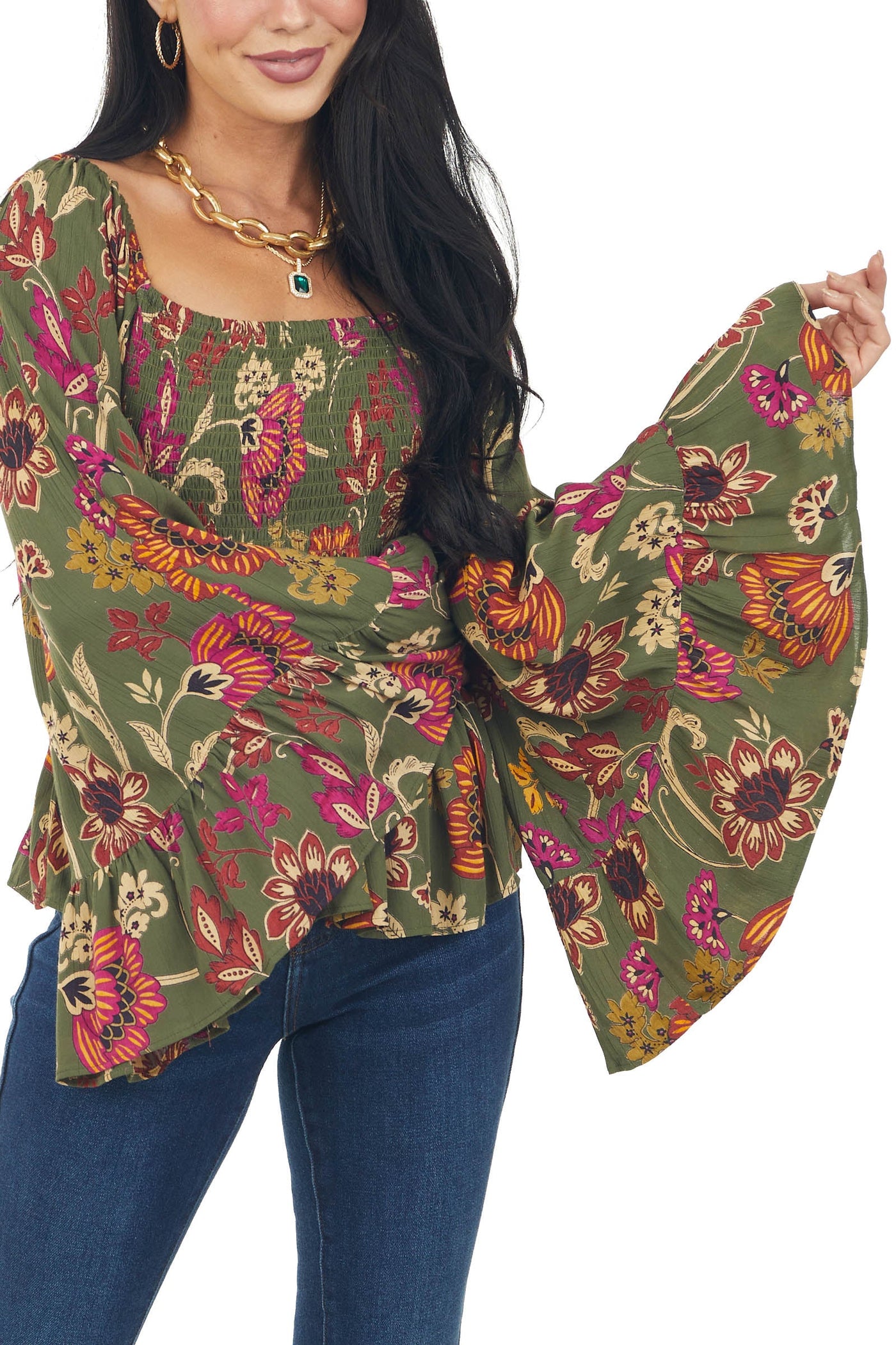 Deep Olive Floral Print Smocked Long Sleeve Top