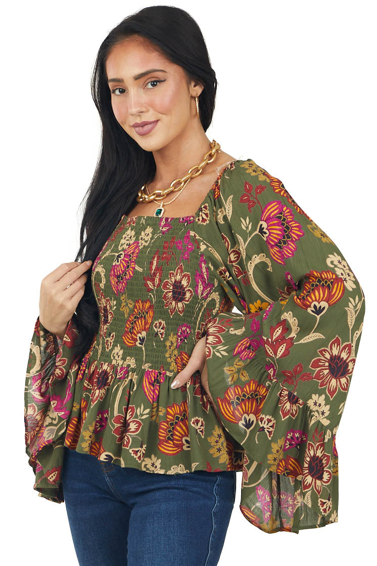 Deep Olive Floral Print Smocked Long Sleeve Top