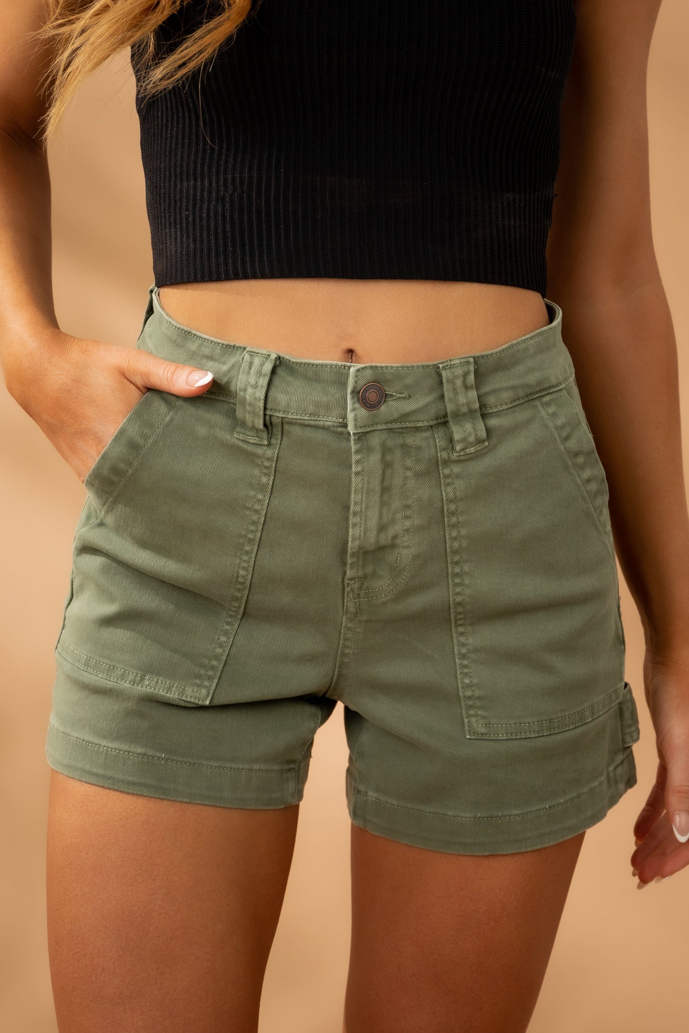 Deep Olive High Rise Denim Carpenter Shorts