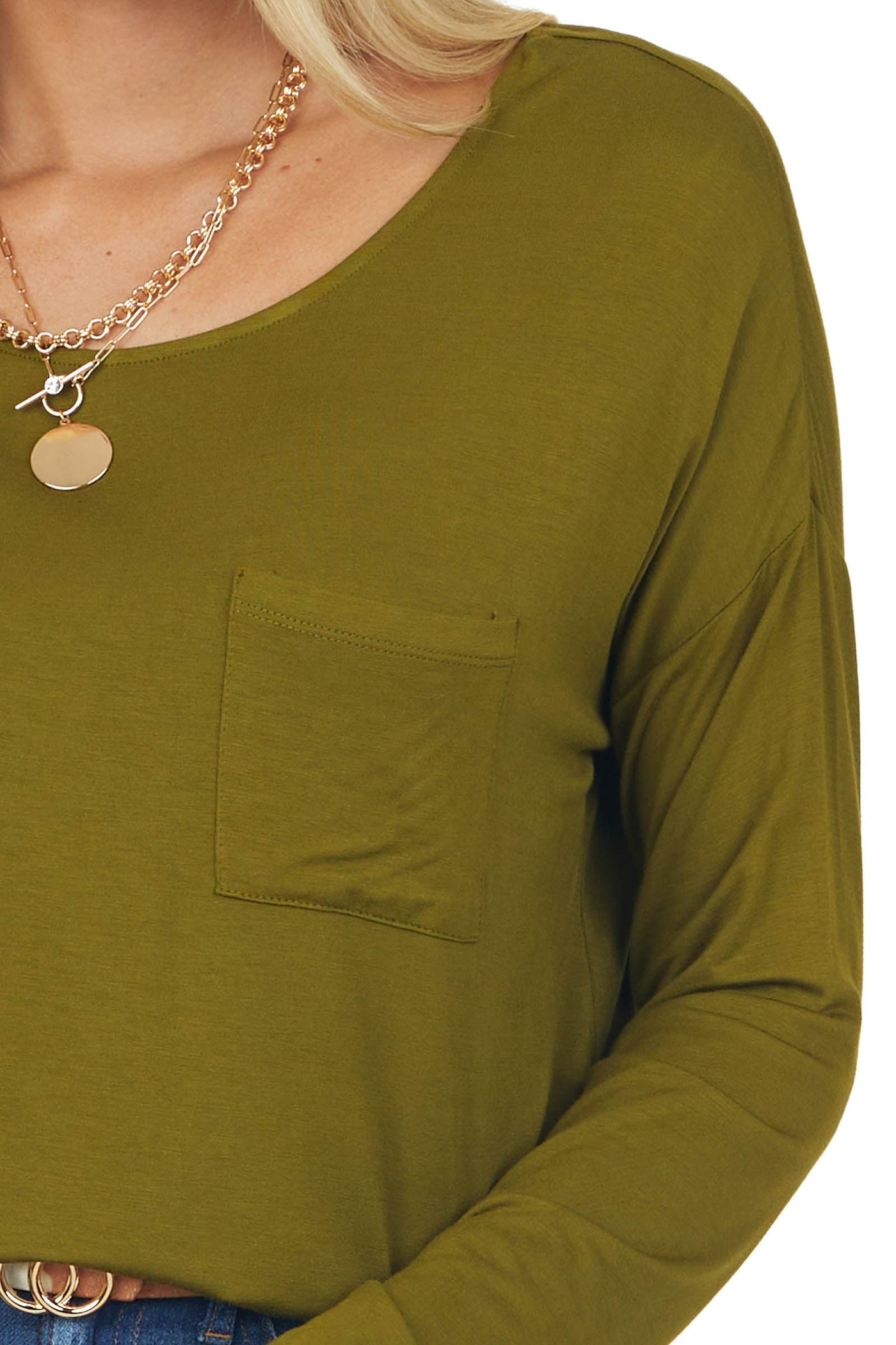 Deep Olive Long Sleeve Knit Top with Chest Pocket