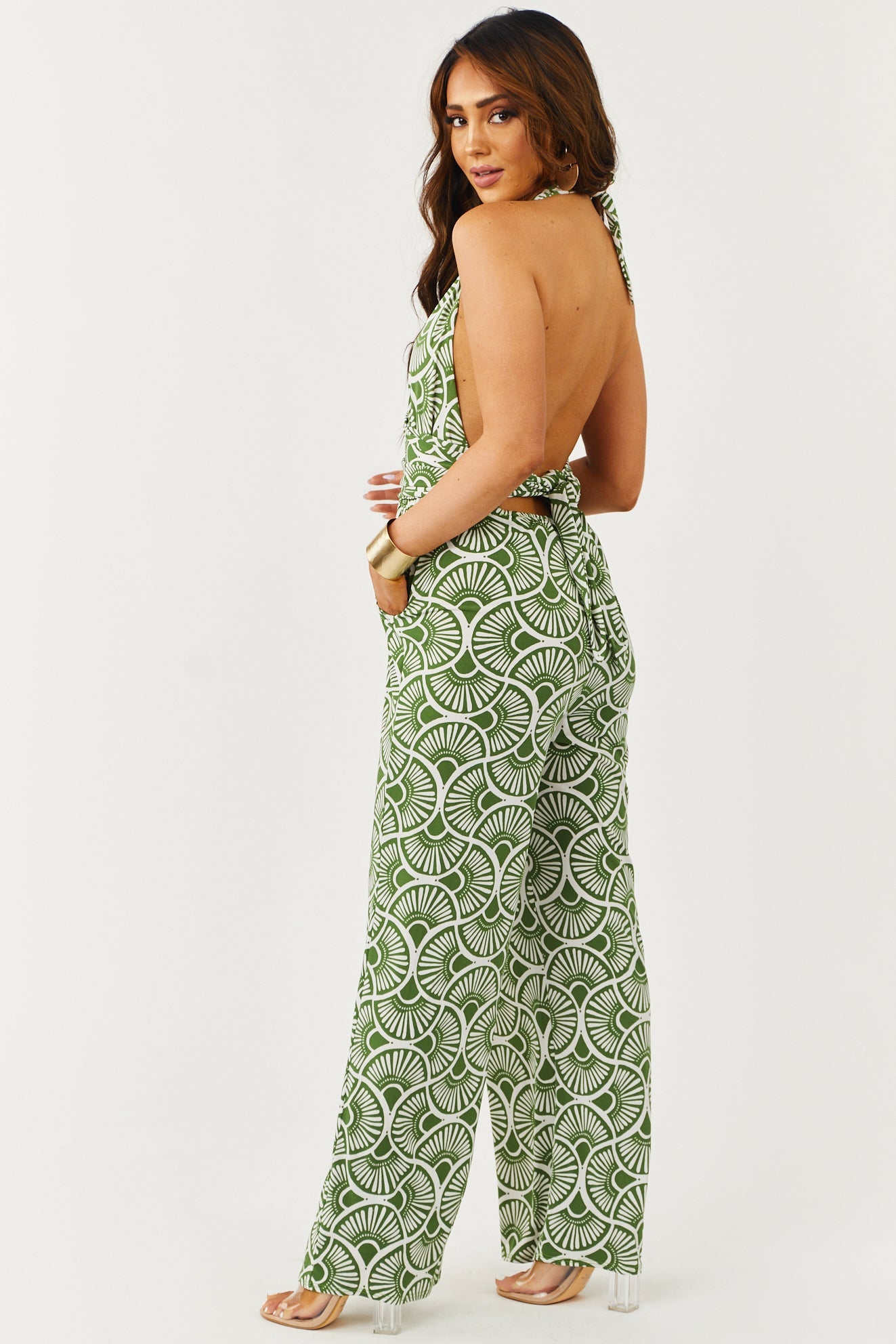 Deep Olive Printed Halter Neck Wide Leg Jumpsuit